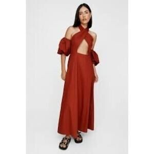 Nasty Gal NWT halter cut out puff sleeve maxi dress in rust gorgeous size 2